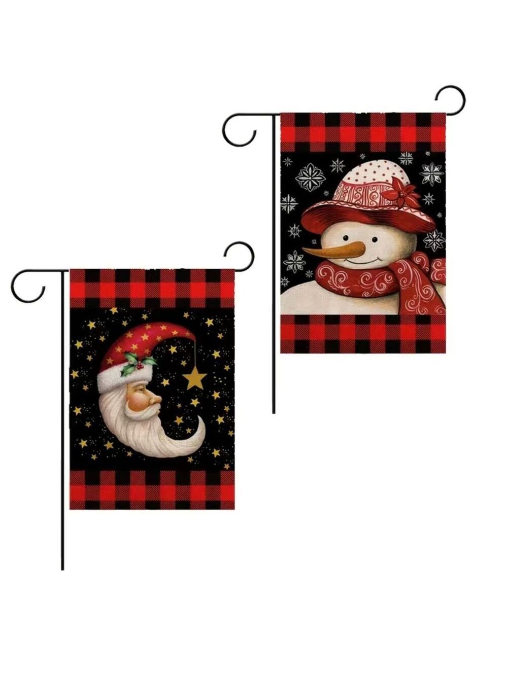 Set of 2 Santa Snowman Plaid Garden Flags 18x12